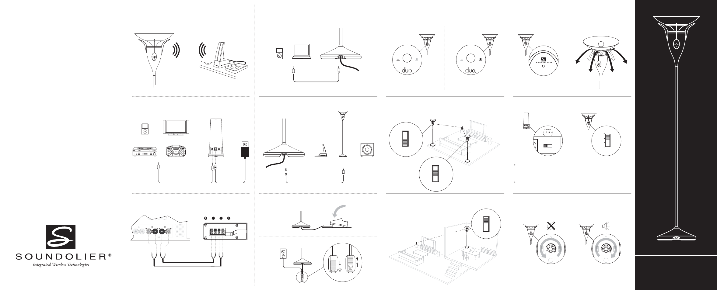 Sound, Setup guide, Interface guide | Warranty, Feature 5: unique 360˚ sound dispersion, Feature 3: mix - receive two-channel signal | Soundolier Duo Wireless Speaker Lamp User Manual | Page 2 / 2