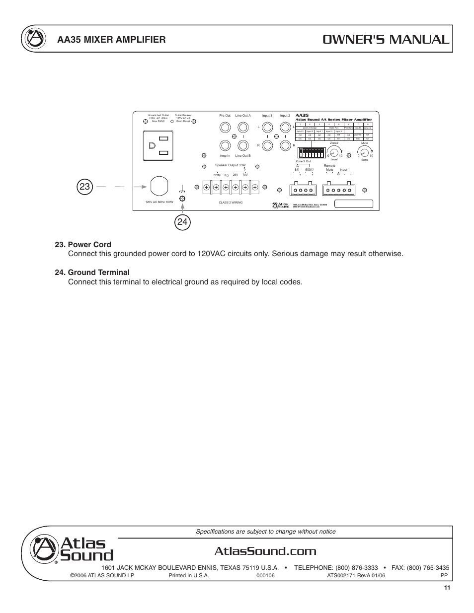Owner's manual, Aa35 mixer amplifier | Soundolier AA35 User Manual | Page 11 / 24