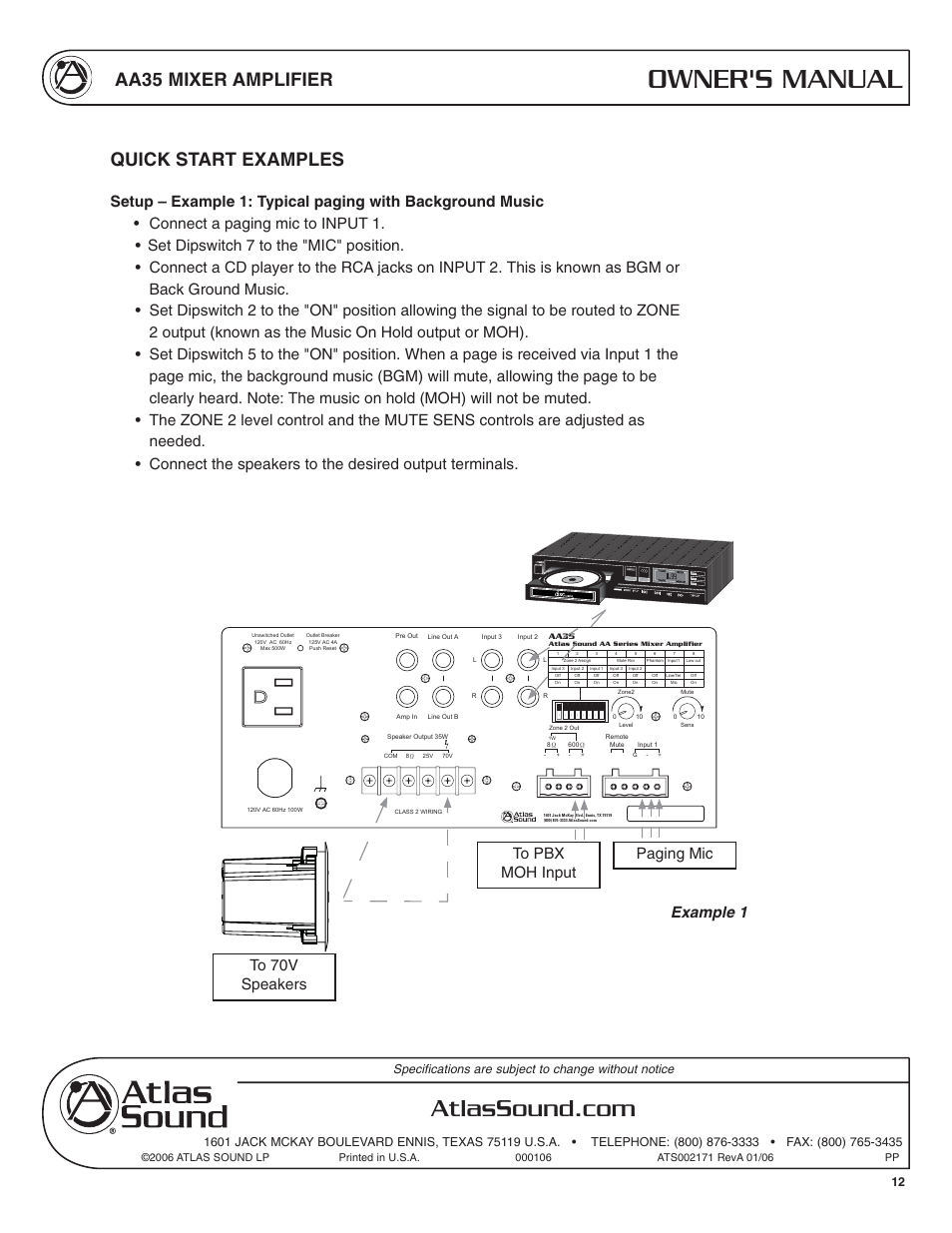 Owner's manual, Aa35 mixer amplifier, Quick start examples | Example 1 | Soundolier AA35 User Manual | Page 12 / 24