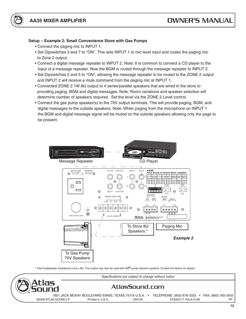 Owner's manual, Aa35 mixer amplifier, Cd player | Soundolier AA35 User Manual | Page 13 / 24