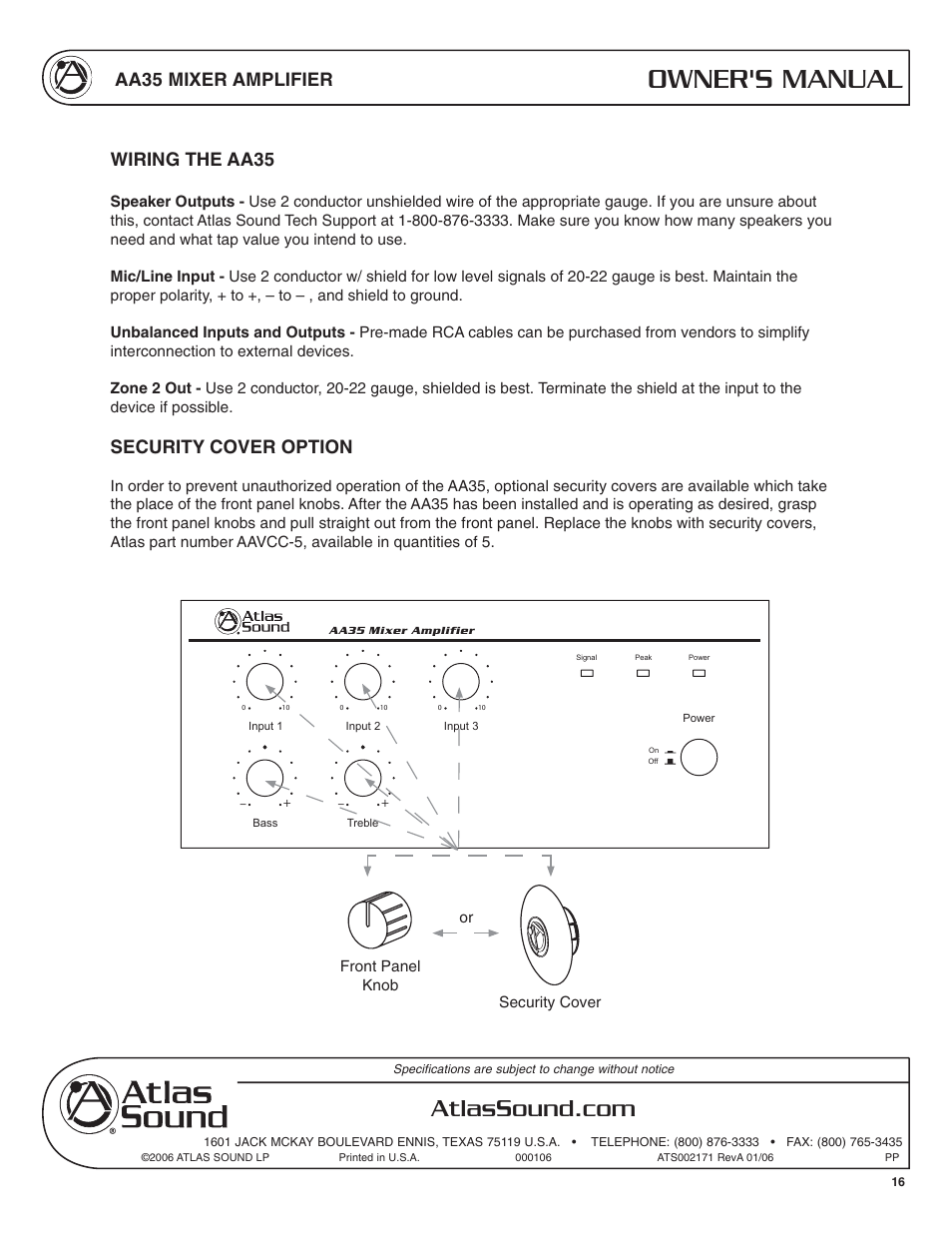 Owner's manual, Aa35 mixer amplifier, Wiring the aa35 | Security cover option | Soundolier AA35 User Manual | Page 16 / 24