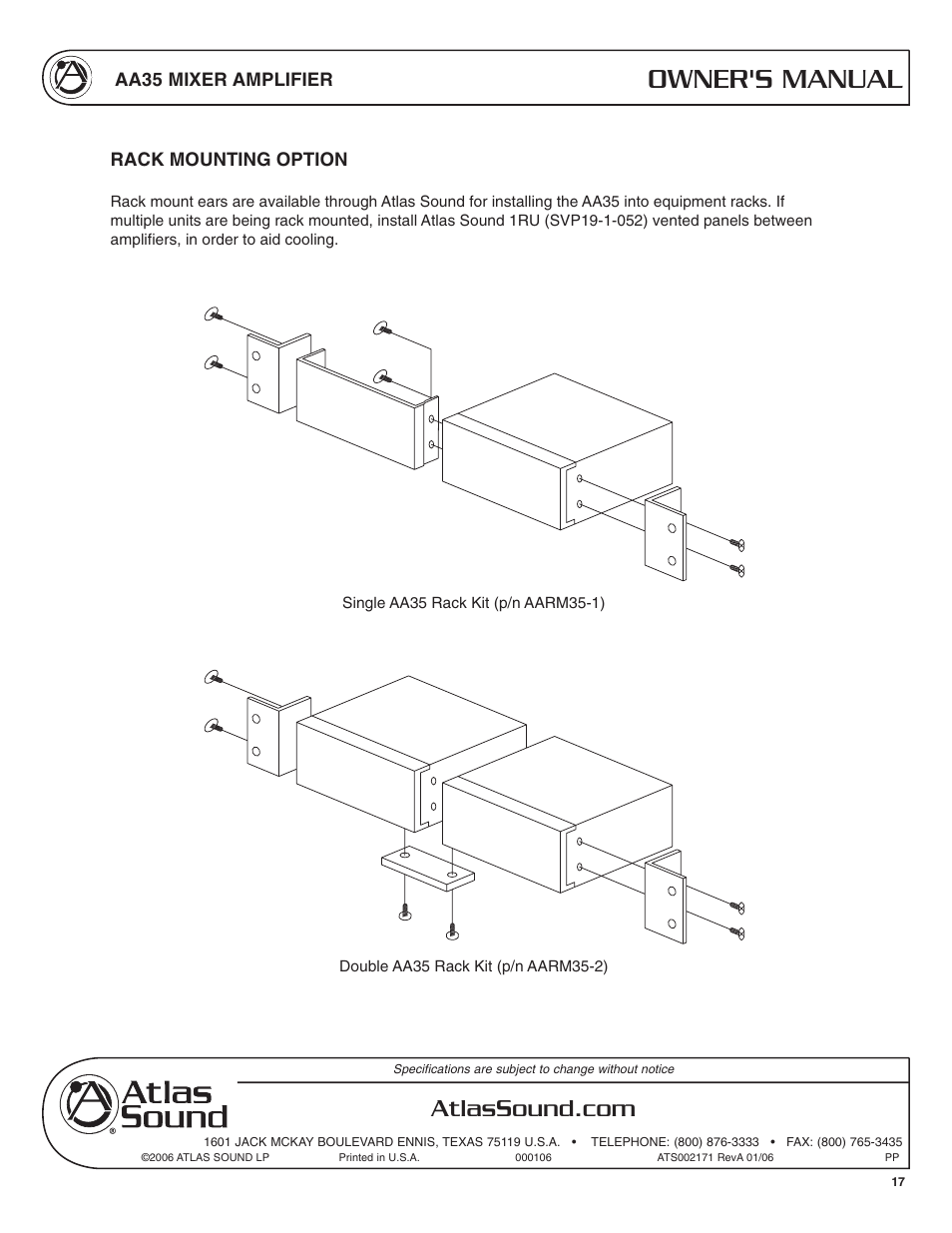 Owner's manual, Aa35 mixer amplifier, Rack mounting option | Soundolier AA35 User Manual | Page 17 / 24
