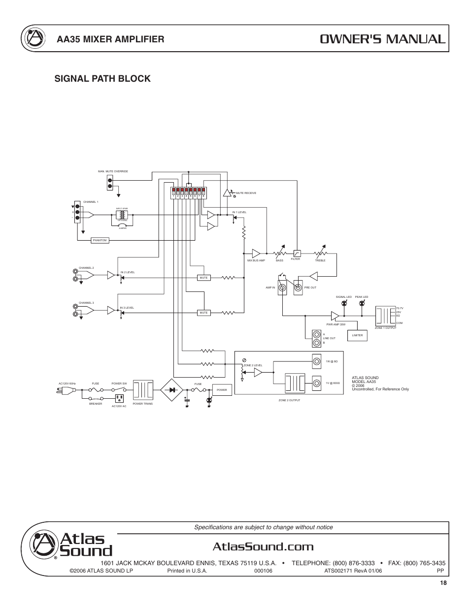 Owner's manual, Aa35 mixer amplifier, Signal path block | Soundolier AA35 User Manual | Page 18 / 24