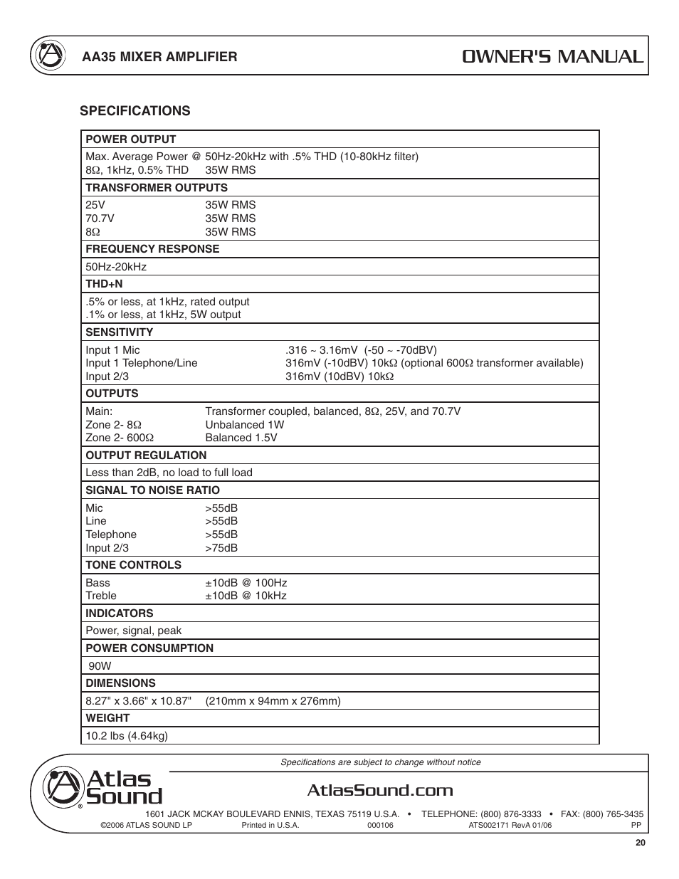 Owner's manual | Soundolier AA35 User Manual | Page 20 / 24