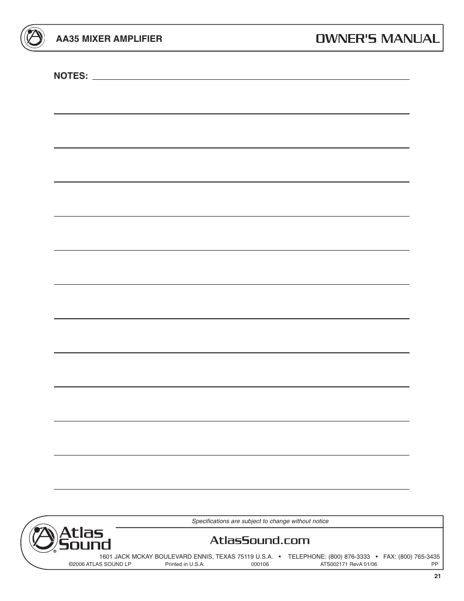 Owner's manual, Aa35 mixer amplifier | Soundolier AA35 User Manual | Page 21 / 24