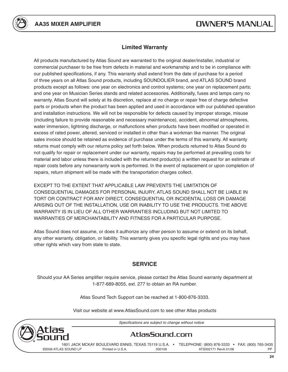 Owner's manual | Soundolier AA35 User Manual | Page 24 / 24