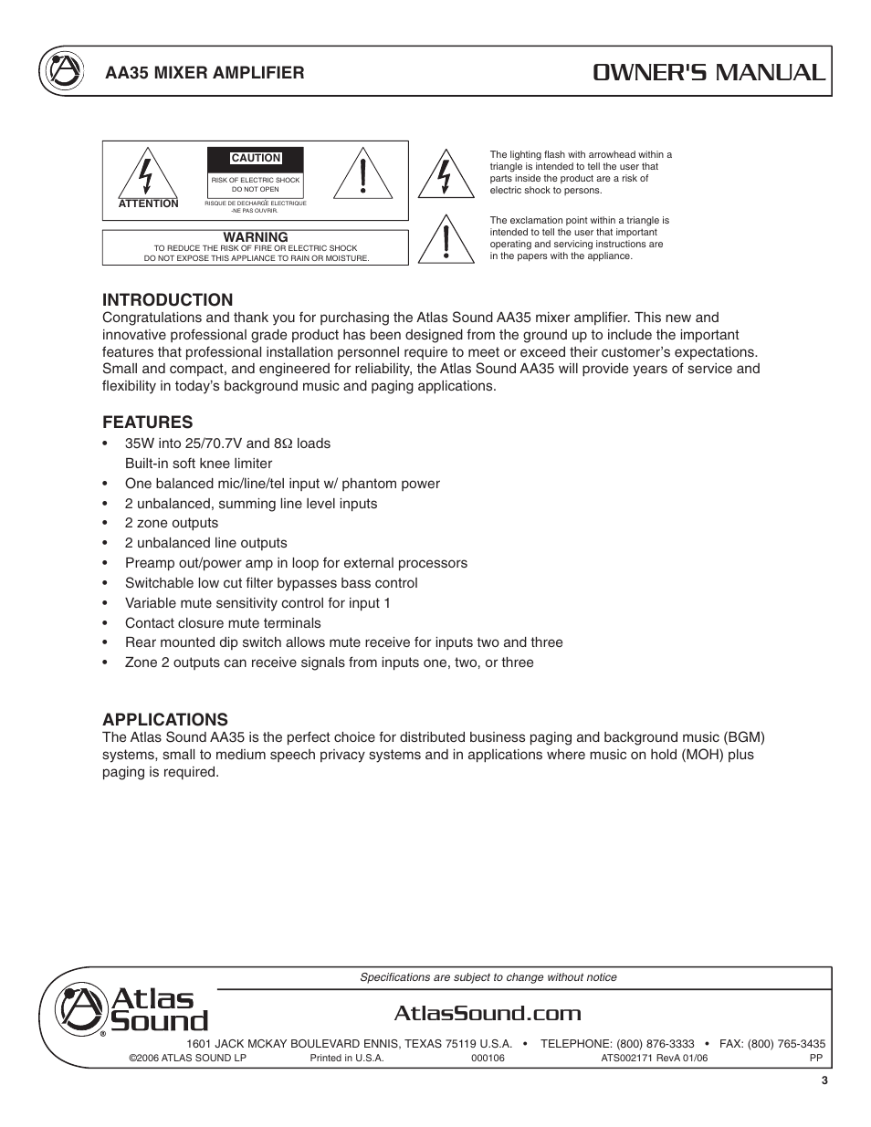 Owner's manual, Aa35 mixer amplifier, Introduction | Features, Applications | Soundolier AA35 User Manual | Page 3 / 24