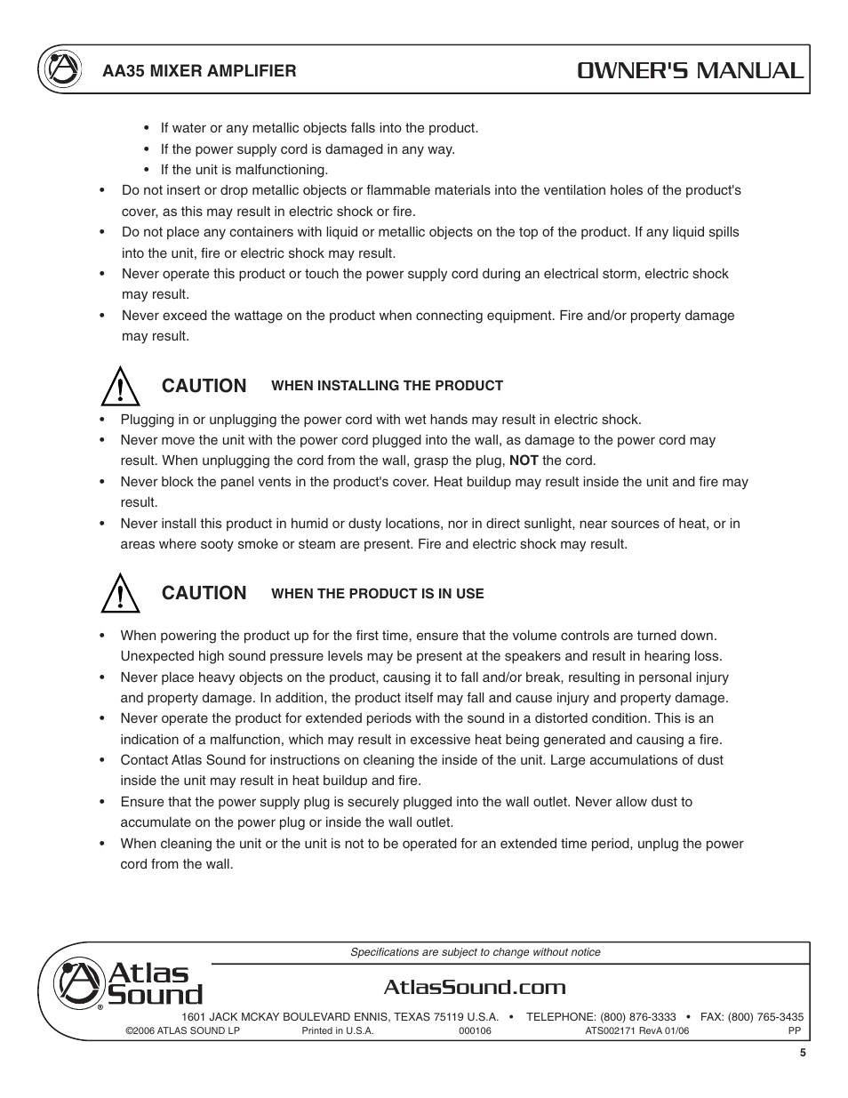 Owner's manual, Caution | Soundolier AA35 User Manual | Page 5 / 24