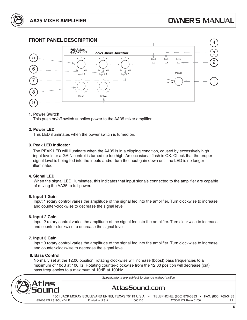 Owner's manual, Aa35 mixer amplifier, Front panel description | Soundolier AA35 User Manual | Page 6 / 24