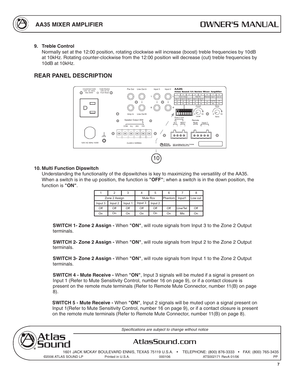 Owner's manual, Aa35 mixer amplifier, Rear panel description | Soundolier AA35 User Manual | Page 7 / 24