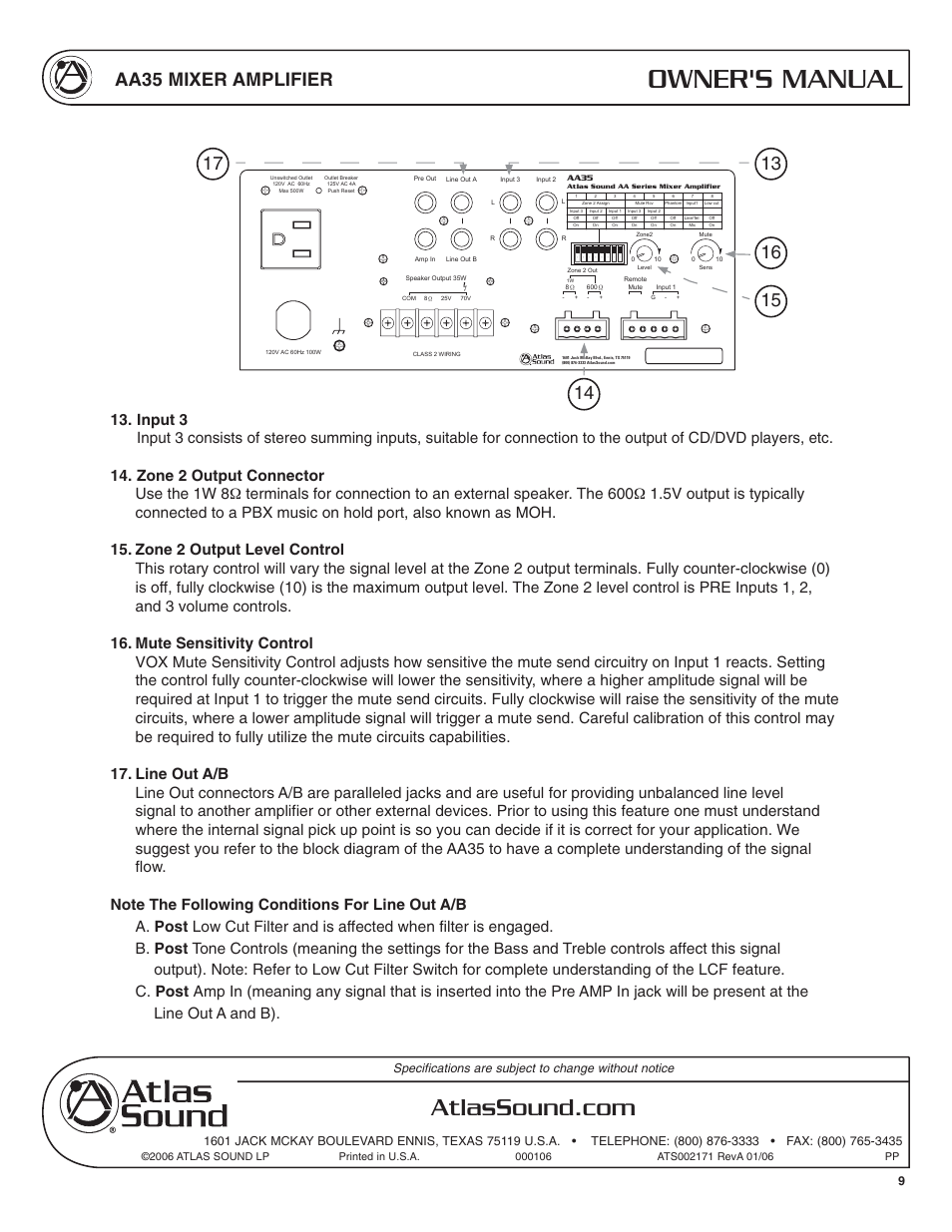 Owner's manual, Aa35 mixer amplifier | Soundolier AA35 User Manual | Page 9 / 24