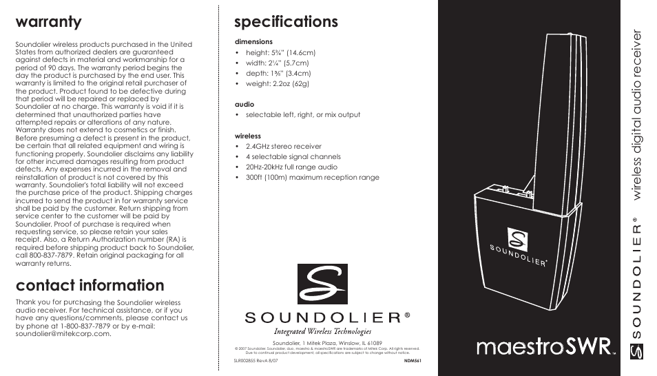 Soundolier Maestro SWR Wireless Speaker Lamp User Manual | 2 pages