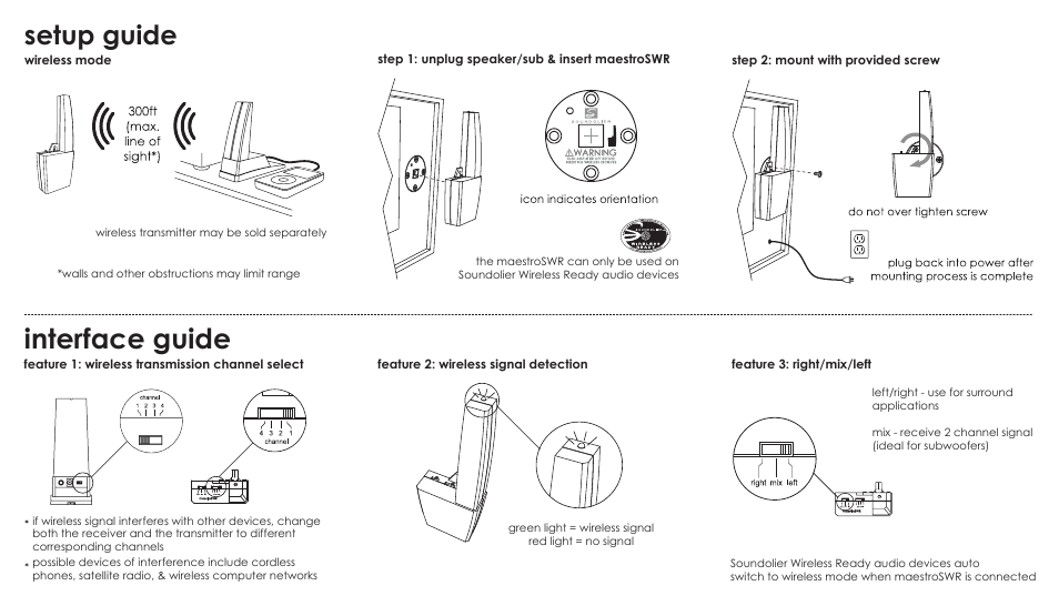 Interface guide, Setup guide | Soundolier Maestro SWR Wireless Speaker Lamp User Manual | Page 2 / 2