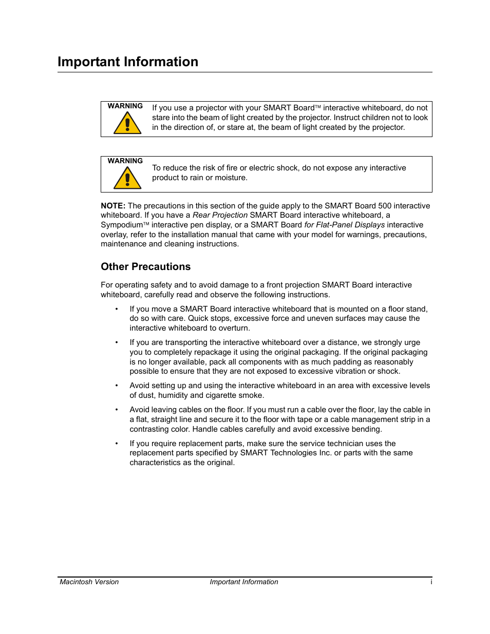Important information, Other precautions | SimplySmart Smart Board Software For Mac OS X 99-00557-01 User Manual | Page 3 / 46