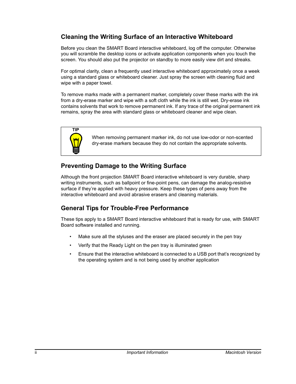 Preventing damage to the writing surface, General tips for trouble-free performance | SimplySmart Smart Board Software For Mac OS X 99-00557-01 User Manual | Page 4 / 46