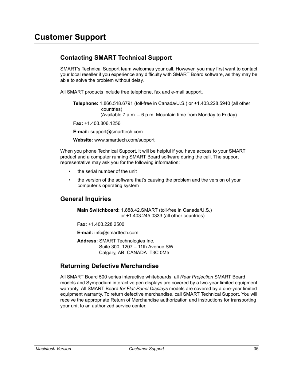 Customer support, Contacting smart technical support, General inquiries | Returning defective merchandise | SimplySmart Smart Board Software For Mac OS X 99-00557-01 User Manual | Page 41 / 46