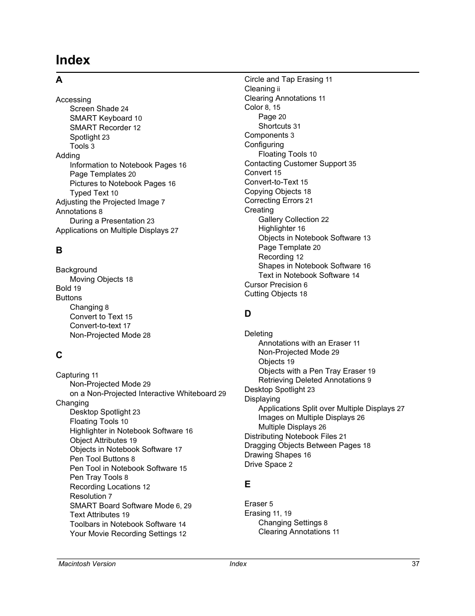 Index | SimplySmart Smart Board Software For Mac OS X 99-00557-01 User Manual | Page 43 / 46
