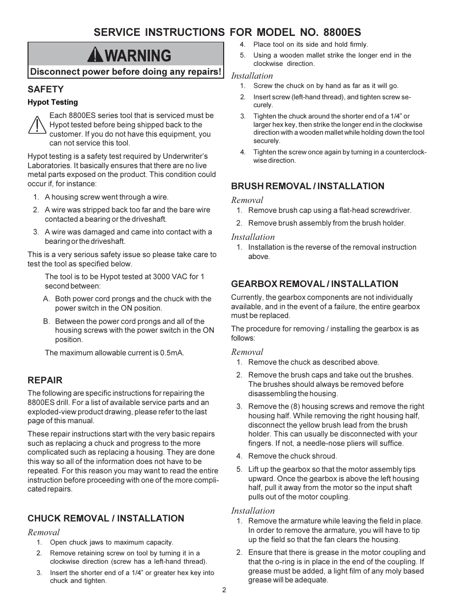 Warning, Service instructions for model no. 8800es | Sioux Tools 8800ES User Manual | Page 2 / 6