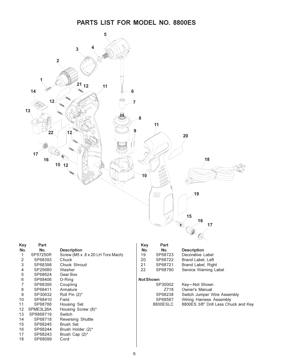 Parts list for model no. 8800es | Sioux Tools 8800ES User Manual | Page 6 / 6