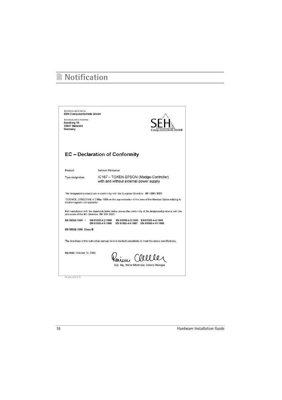 Notification | SEH Computertechnik IC167 User Manual | Page 18 / 20