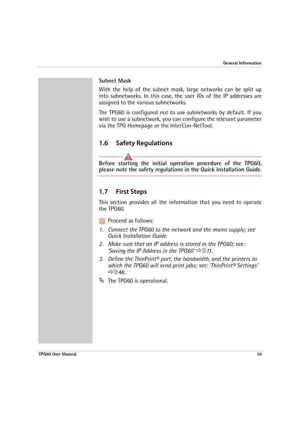 6 safety regulations, 7 first steps, 6 safety regulations 1.7 first steps | SEH Computertechnik TPG60 User Manual | Page 10 / 87
