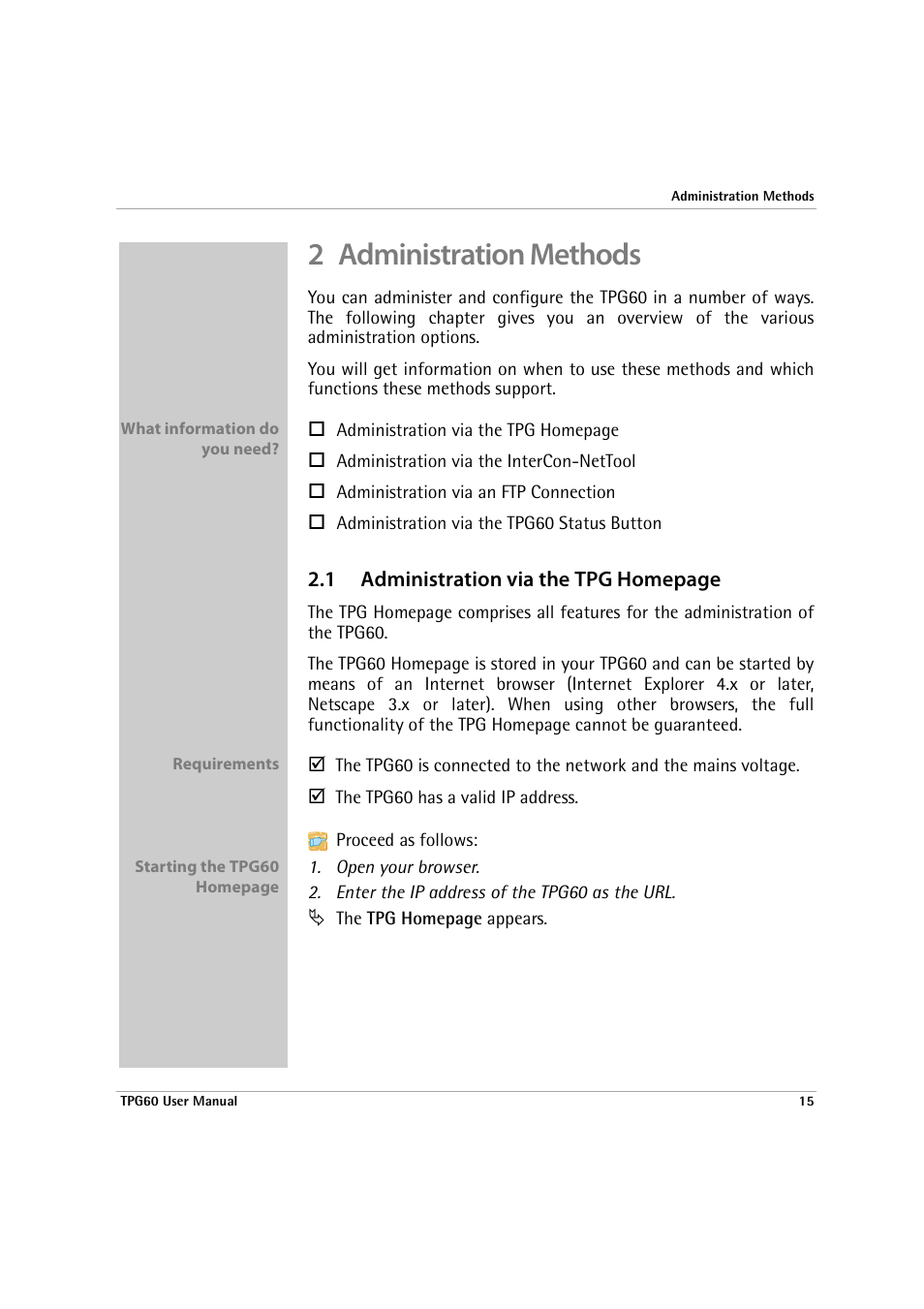 2 administration methods | SEH Computertechnik TPG60 User Manual | Page 15 / 87