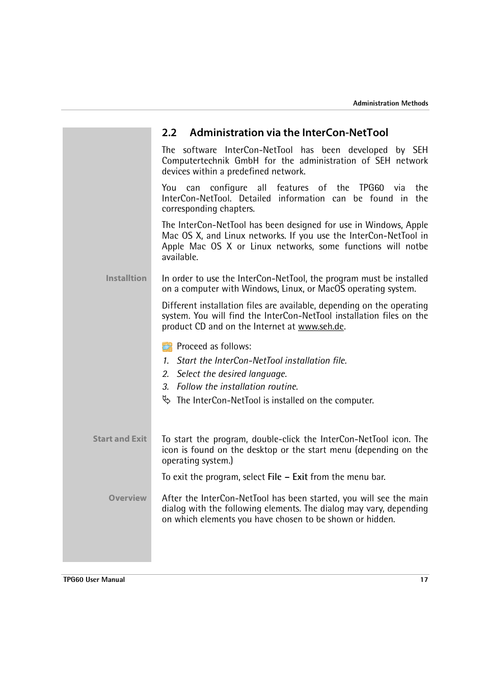 2 administration via the intercon-nettool, Administration via the intercon-nettool | SEH Computertechnik TPG60 User Manual | Page 17 / 87