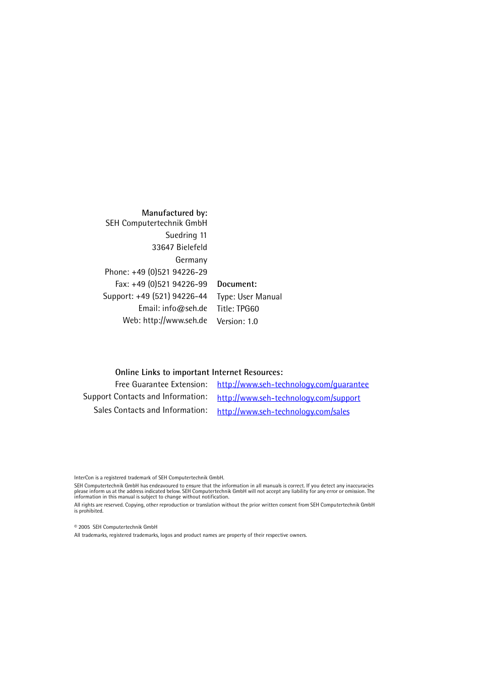 SEH Computertechnik TPG60 User Manual | Page 2 / 87