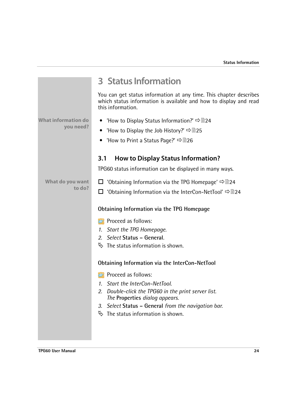 3 status information, 1 how to display status information | SEH Computertechnik TPG60 User Manual | Page 24 / 87
