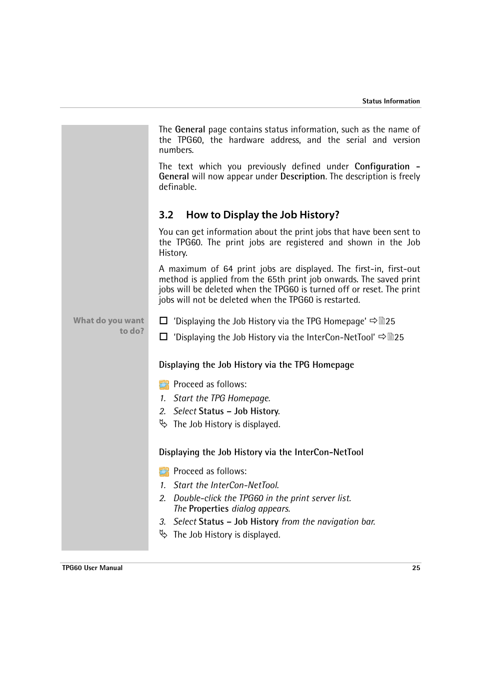 2 how to display the job history, How to display the job history | SEH Computertechnik TPG60 User Manual | Page 25 / 87