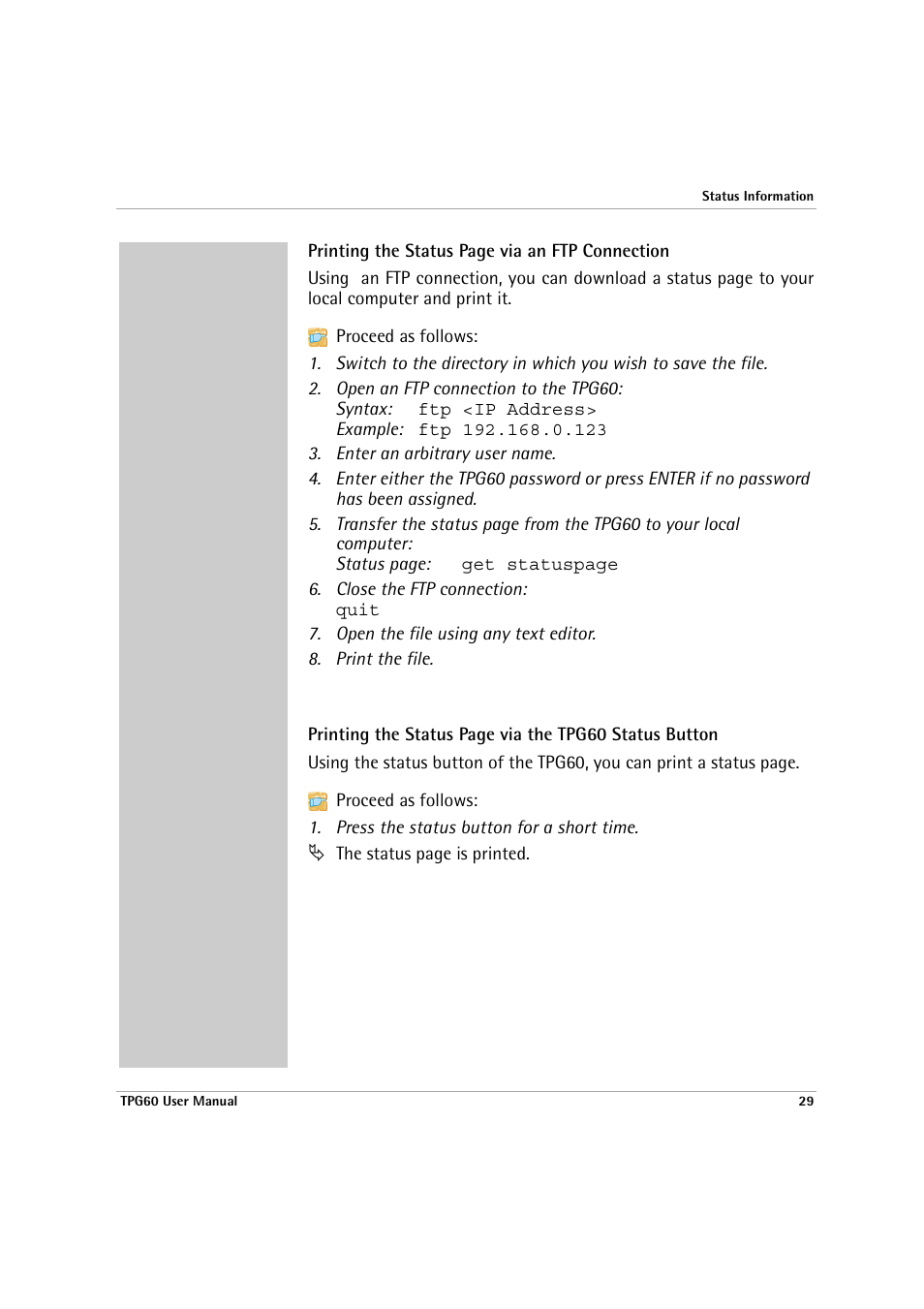 Status button | SEH Computertechnik TPG60 User Manual | Page 29 / 87