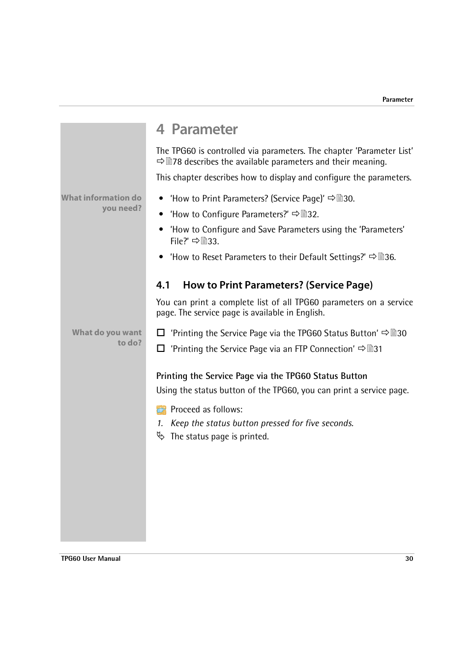 4 parameter, Status button | SEH Computertechnik TPG60 User Manual | Page 30 / 87