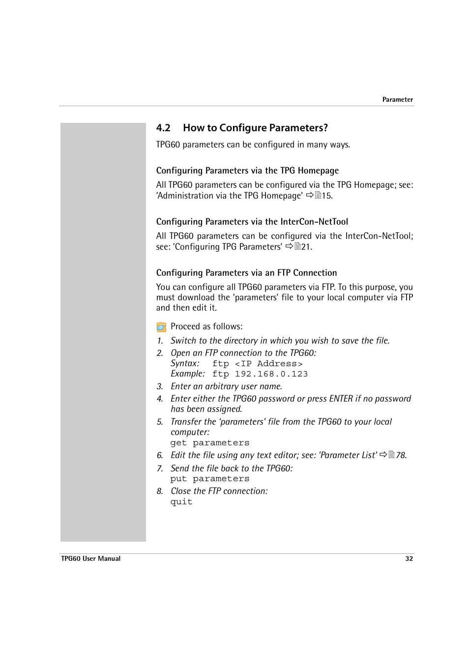 2 how to configure parameters, S; see:’configuring parameters via an, Ftp connection | How to configure parameters | SEH Computertechnik TPG60 User Manual | Page 32 / 87