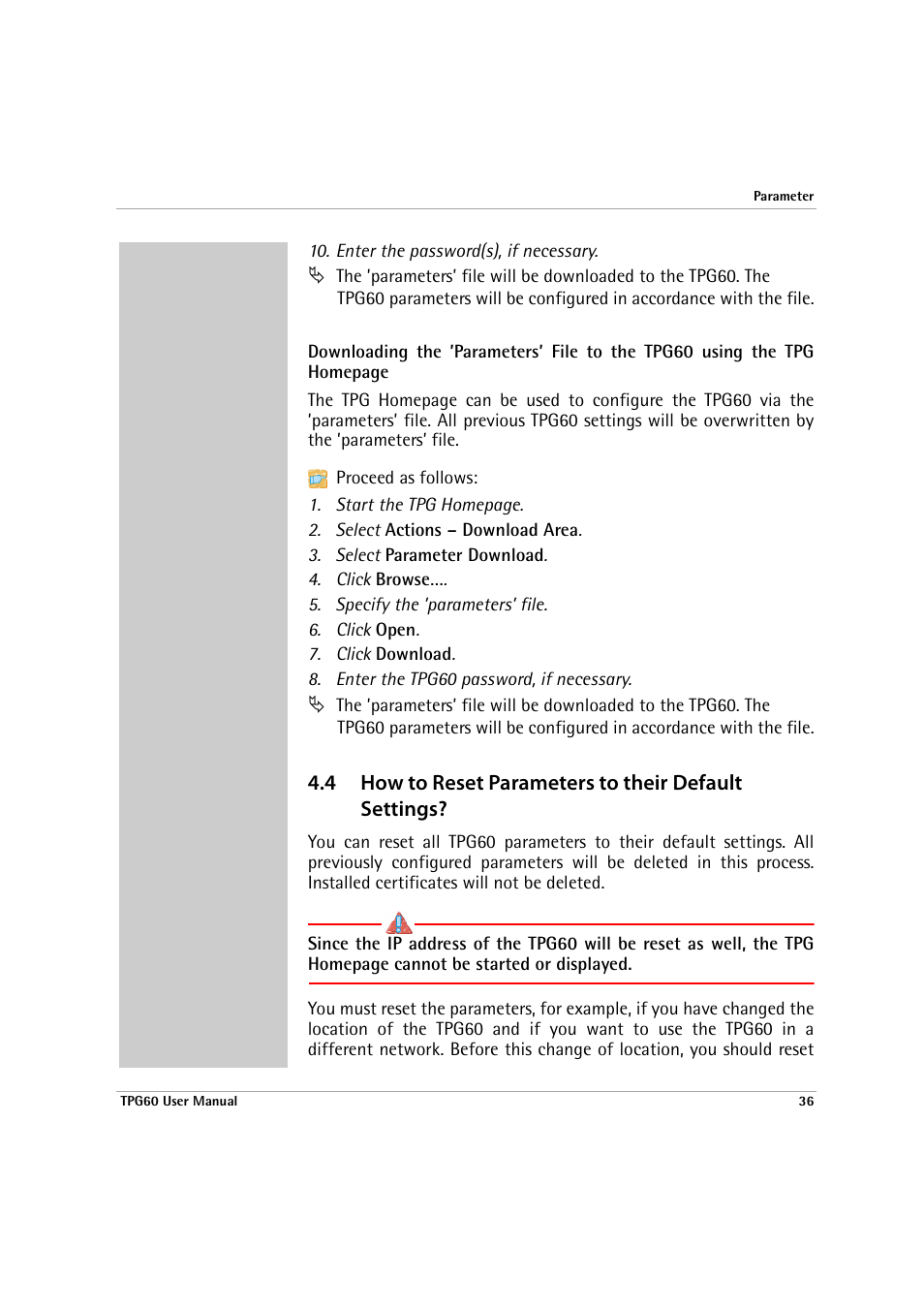 How to reset parameters to their default settings | SEH Computertechnik TPG60 User Manual | Page 36 / 87