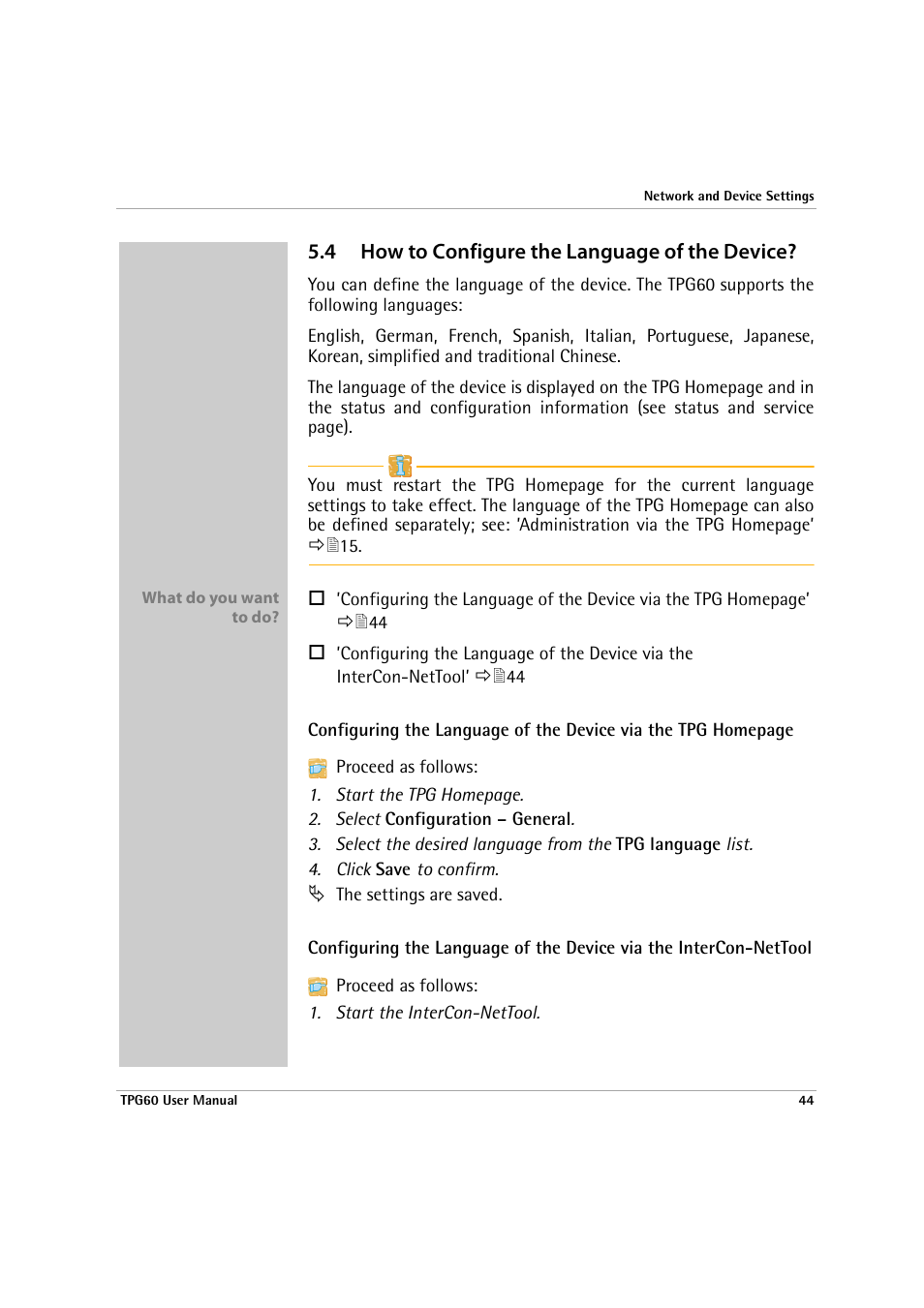 4 how to configure the language of the device, How to configure the language of the device | SEH Computertechnik TPG60 User Manual | Page 44 / 87