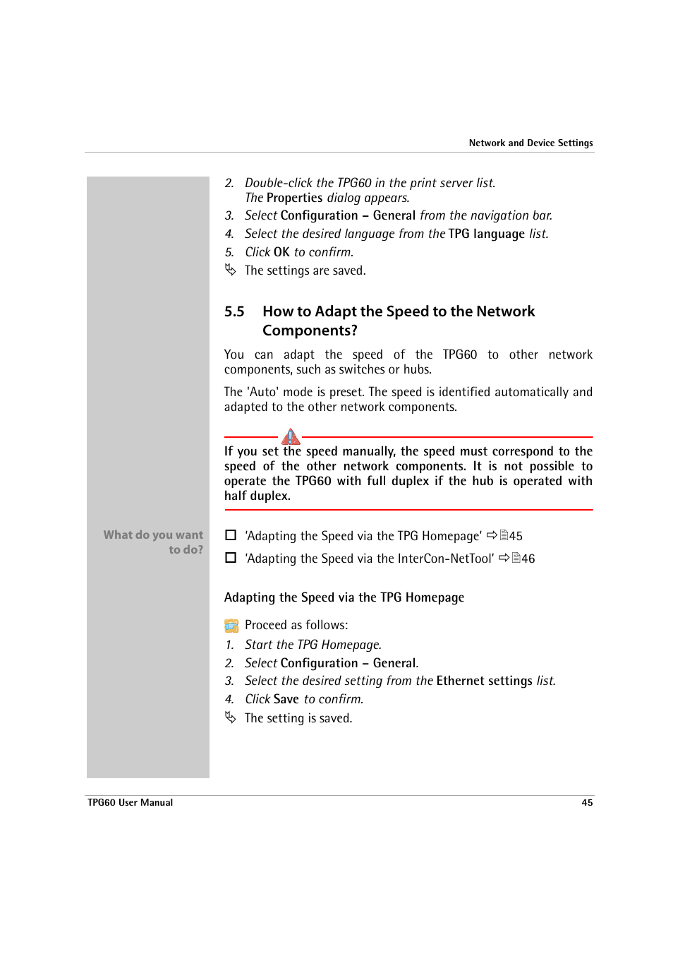 5 how to adapt the speed to the network components, How to adapt the speed to the network components | SEH Computertechnik TPG60 User Manual | Page 45 / 87