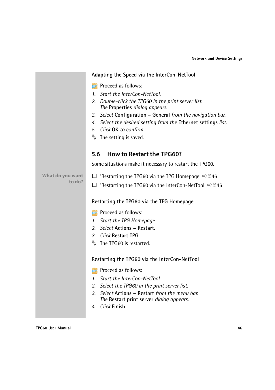 6 how to restart the tpg60, How to restart the tpg60, Adapting the speed via the intercon-nettool | SEH Computertechnik TPG60 User Manual | Page 46 / 87