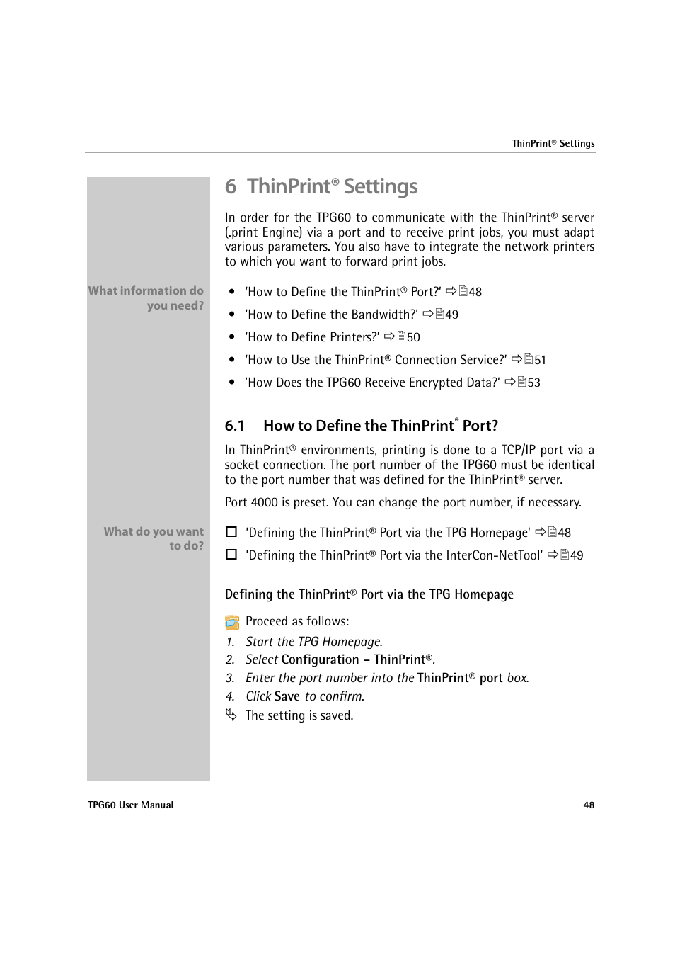 6 thinprint® settings, 1 how to define the thinprint® port, E: ’thinprint® settings | SEH Computertechnik TPG60 User Manual | Page 48 / 87