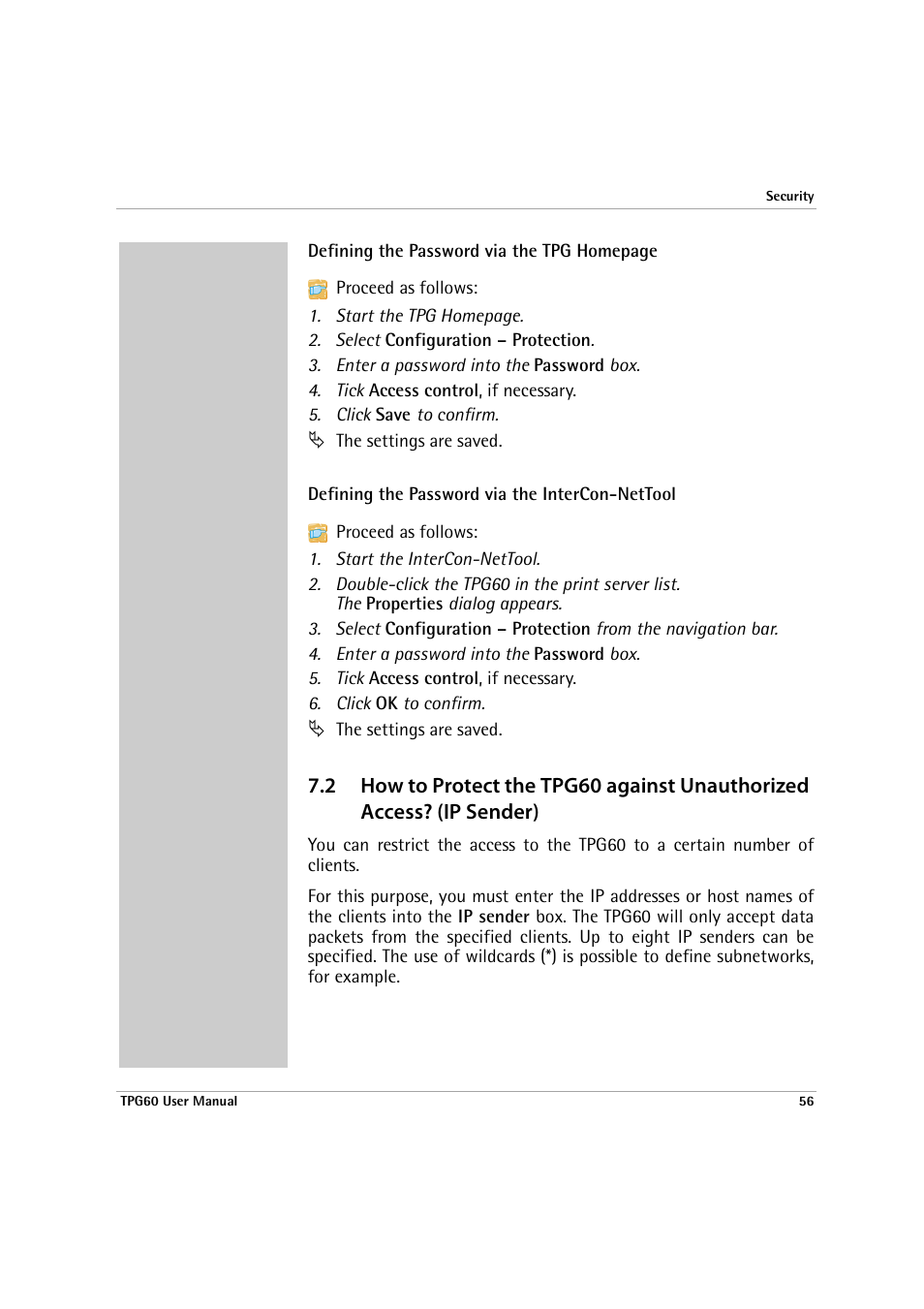 Sender), Defining the password via the intercon-nettool | SEH Computertechnik TPG60 User Manual | Page 56 / 87
