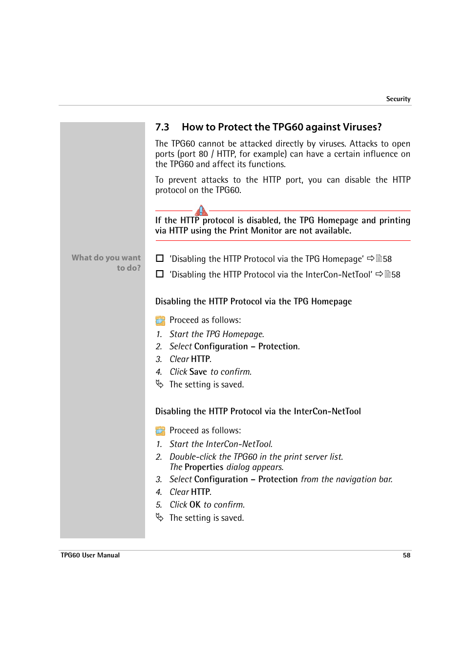 3 how to protect the tpg60 against viruses, How to protect the tpg60 against viruses | SEH Computertechnik TPG60 User Manual | Page 58 / 87
