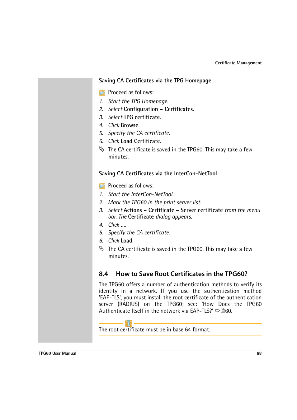 4 how to save root certificates in the tpg60, How to save root certificates in the tpg60, Saving ca certificates via the intercon-nettool | SEH Computertechnik TPG60 User Manual | Page 68 / 87
