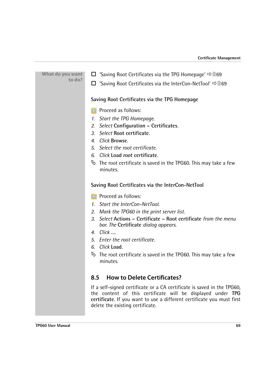 5 how to delete certificates, How to delete certificates, T; see: ’how to delete certificates | SEH Computertechnik TPG60 User Manual | Page 69 / 87