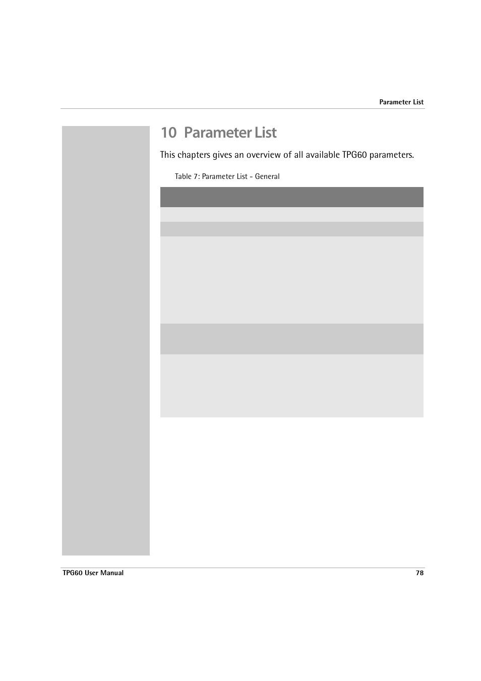 10 parameter list, Ter ’parameter list, 78 describ | E: ’parameter list | SEH Computertechnik TPG60 User Manual | Page 78 / 87