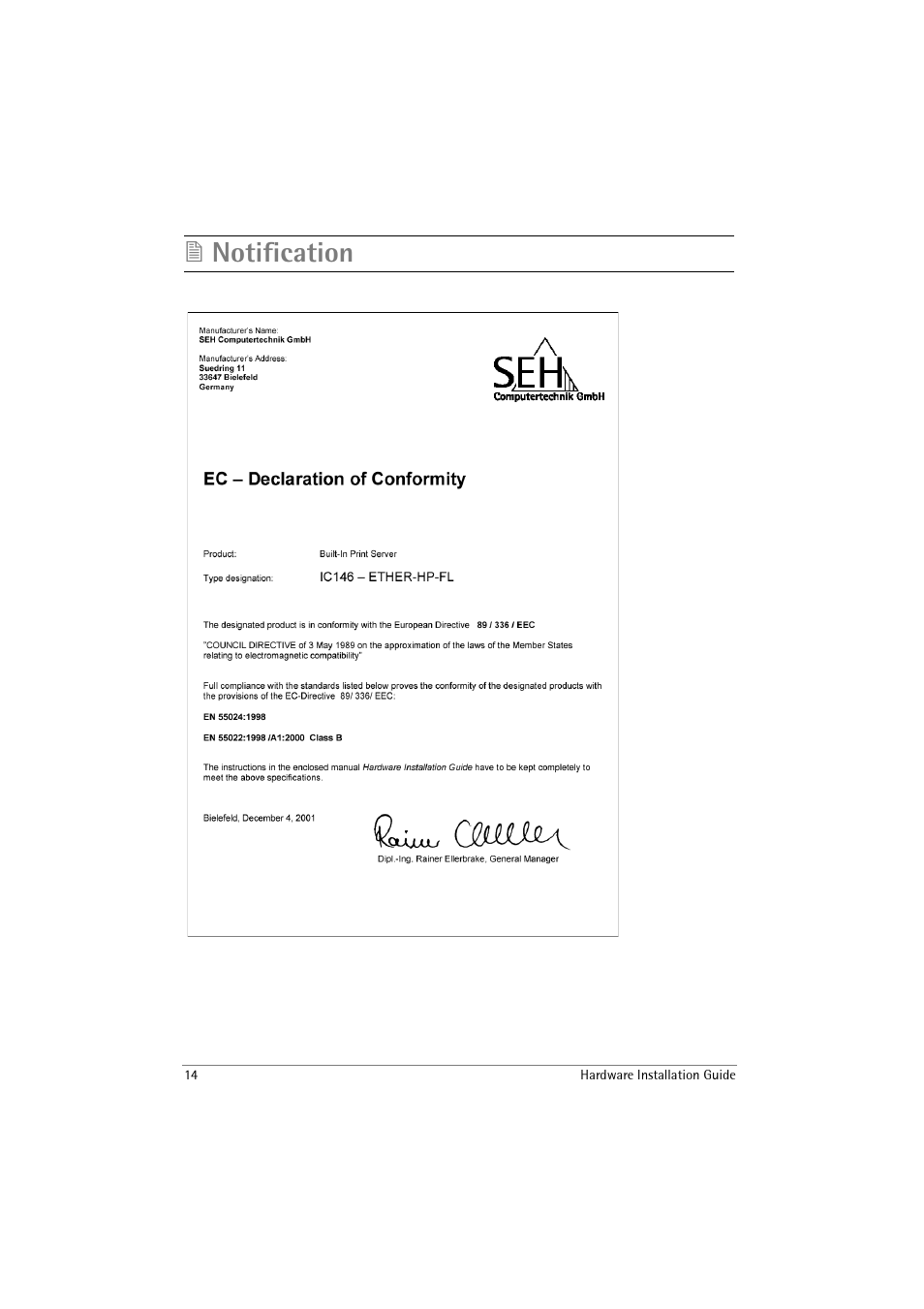 Notification | SEH Computertechnik IC146-ETHER-HP-FL User Manual | Page 14 / 16