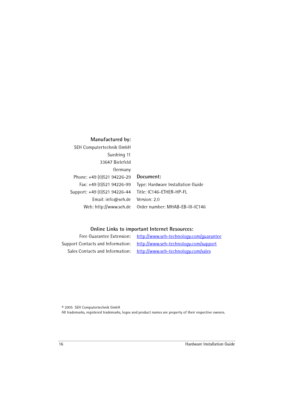 SEH Computertechnik IC146-ETHER-HP-FL User Manual | Page 16 / 16
