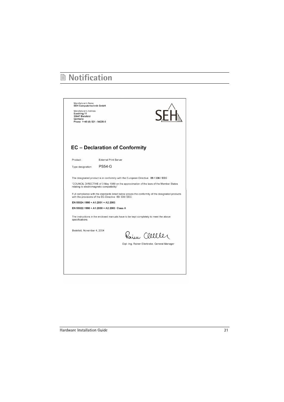 Notification | SEH Computertechnik SEH InterCon PS54-G User Manual | Page 21 / 24