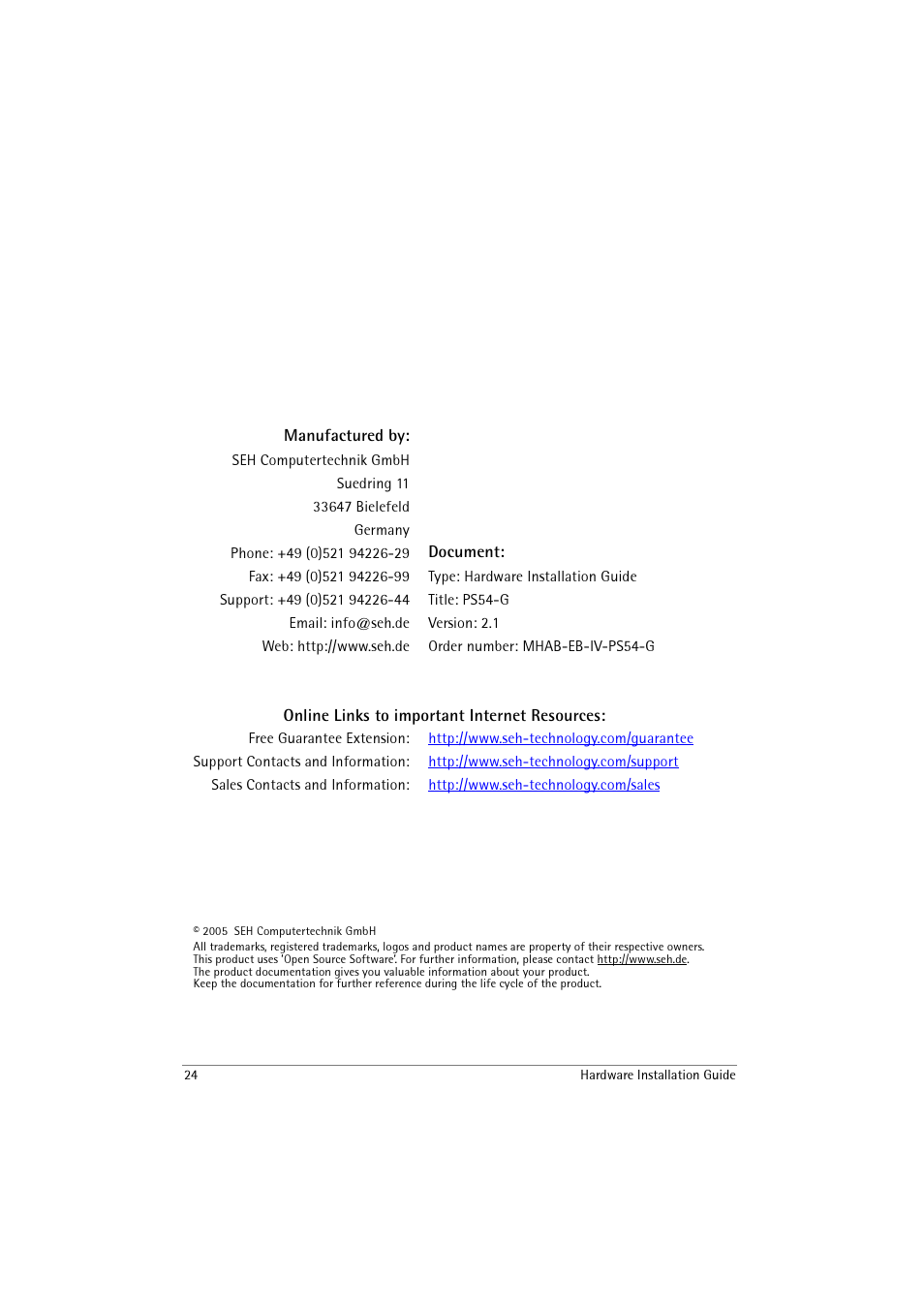 SEH Computertechnik SEH InterCon PS54-G User Manual | Page 24 / 24