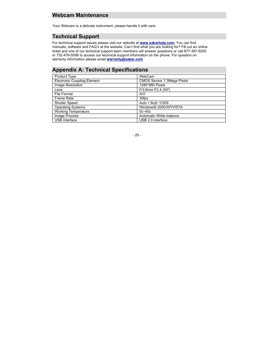 Webcam maintenance, Technical support, Appendix a: technical specifications | Sakar 49552N User Manual | Page 20 / 25