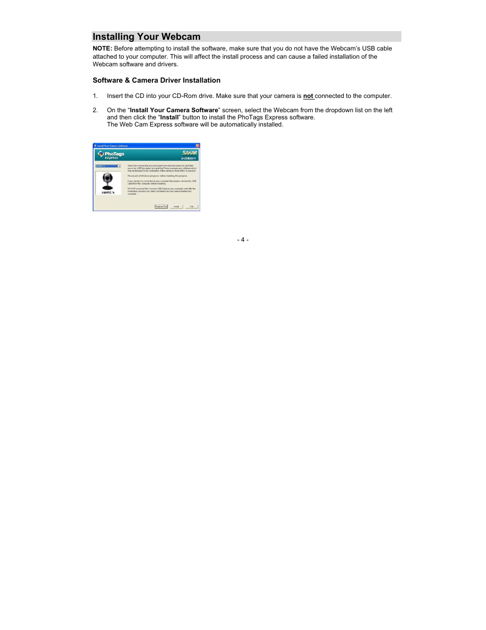 Installing your webcam | Sakar 49552N User Manual | Page 4 / 25