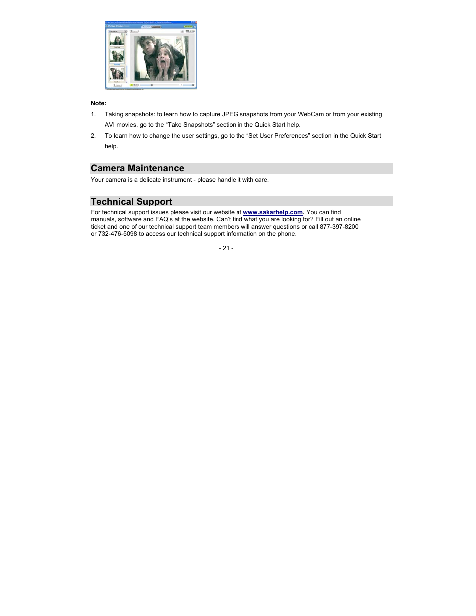 Camera maintenance, Technical support | Sakar 94044 User Manual | Page 21 / 25